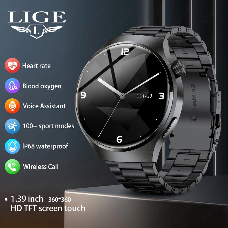 LIGE NFC Smart Watch Men HD Screen Temperature